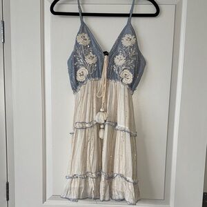 Papaya Blue and Cream Embroidered Tassel Mini Dress